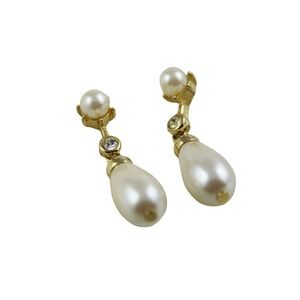 Pearl Drop with Rhinestone Studs, Gold Tone Dangle Earrings Bridal Earrings